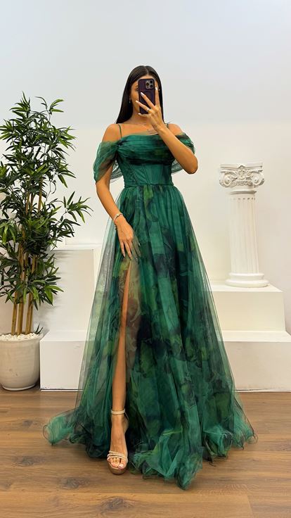 Yeşil Desenli Tül Abiye Elbise