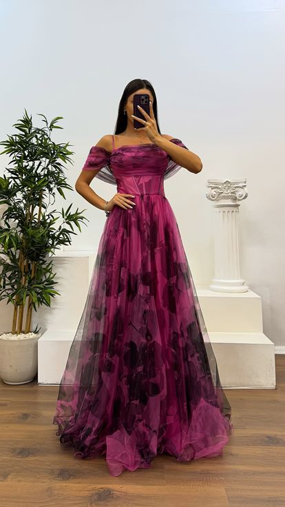 Fuşya Desenli Tül Abiye Elbise