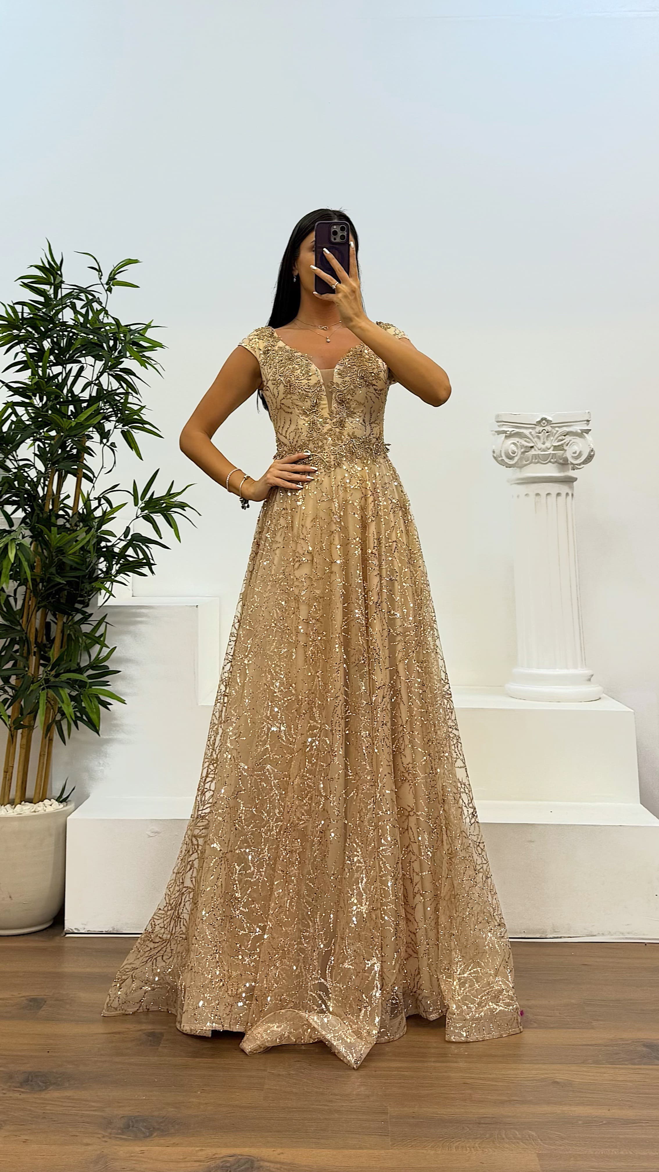 Gold V-Neck Fluffy Tulle Evening Dress