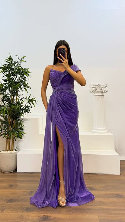 Mor Tek Omuz Simli Abiye Elbise