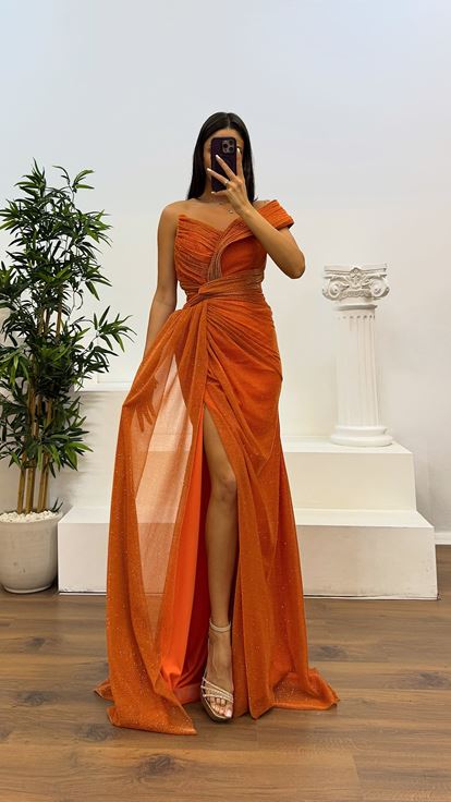 Turuncu Tek Omuz Simli Abiye Elbise