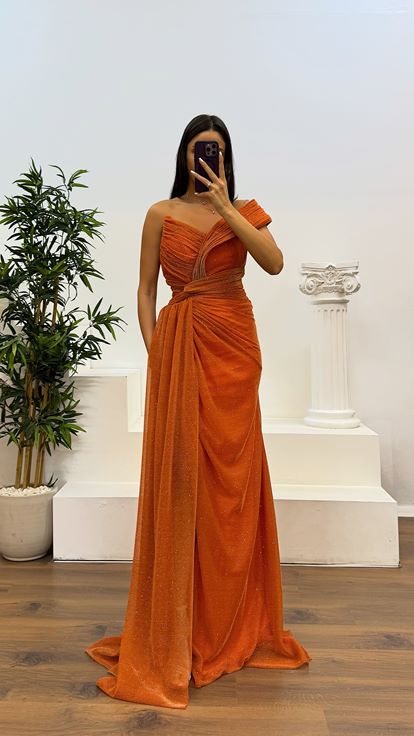 Turuncu Tek Omuz Simli Abiye Elbise