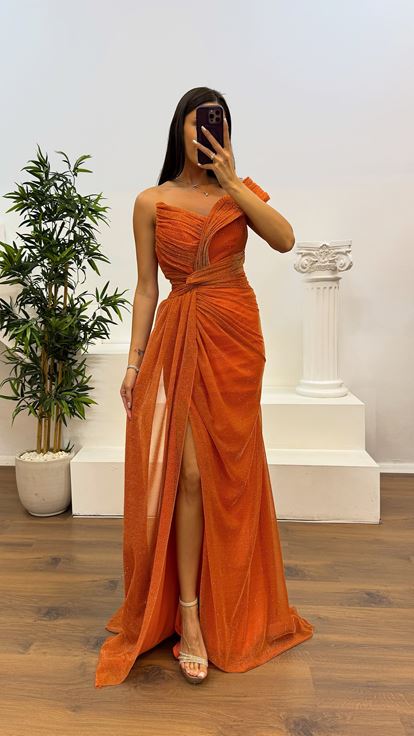 Turuncu Tek Omuz Simli Abiye Elbise