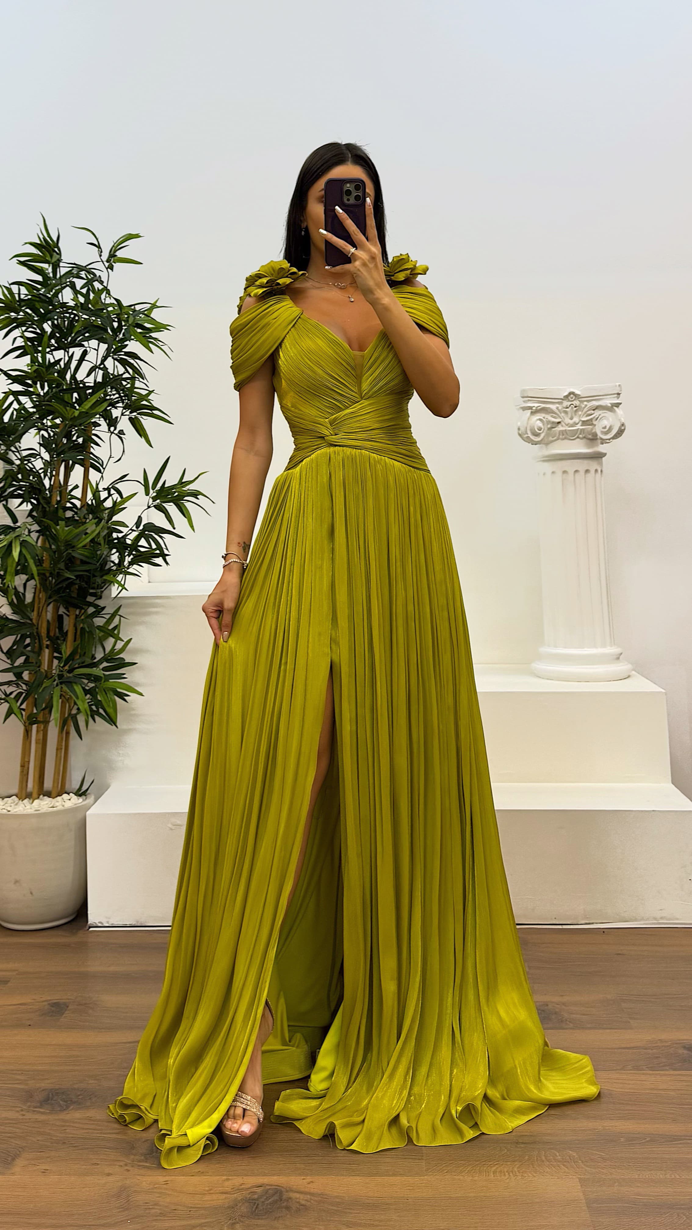 slim fit dress slacks Chani Long Dress in Saffier Apple Verdian – SALONI main image 1