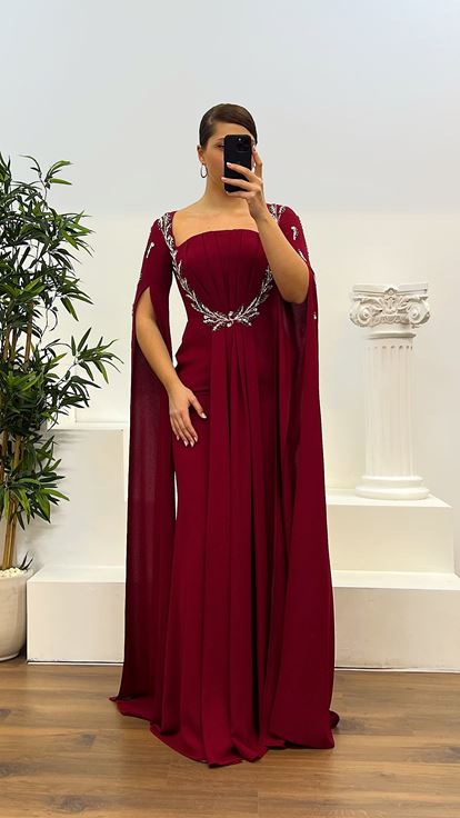 Bordo İşleme Detay Büyük Beden Abiye Elbise