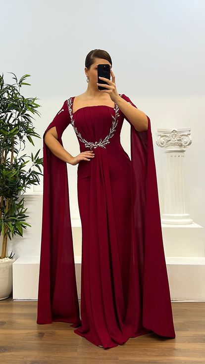 Bordo İşleme Detay Büyük Beden Abiye Elbise