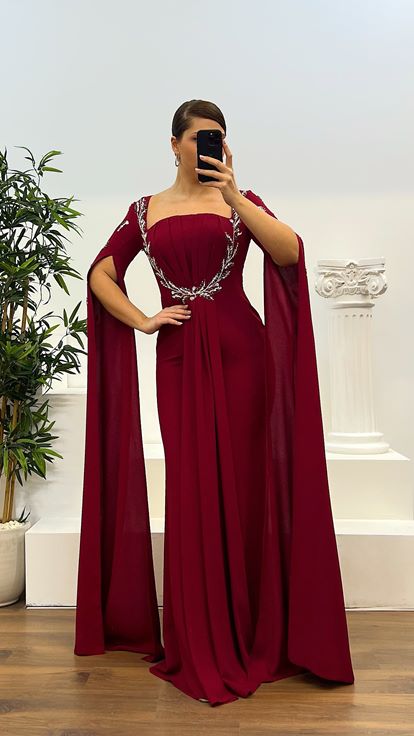 Bordo İşleme Detay Büyük Beden Abiye Elbise