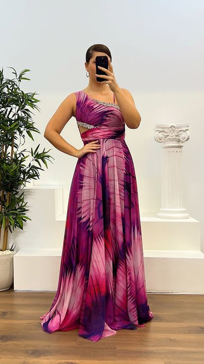 Fuşya Taş Detay Desenli Büyük Beden Abiye Elbise