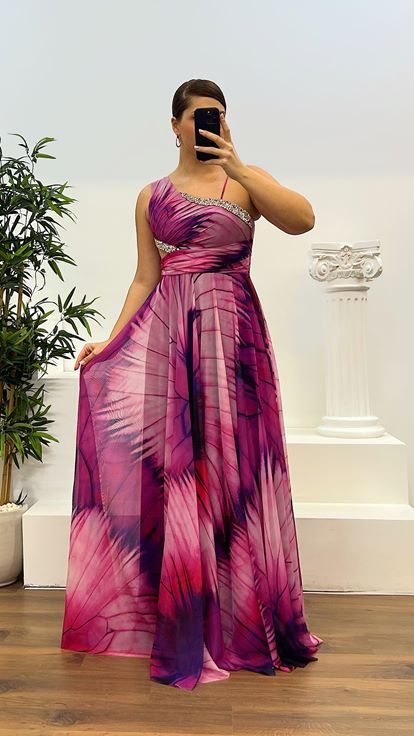 Fuşya Taş Detay Desenli Büyük Beden Abiye Elbise