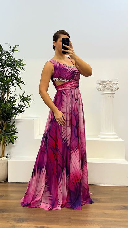 Fuşya Taş Detay Desenli Büyük Beden Abiye Elbise