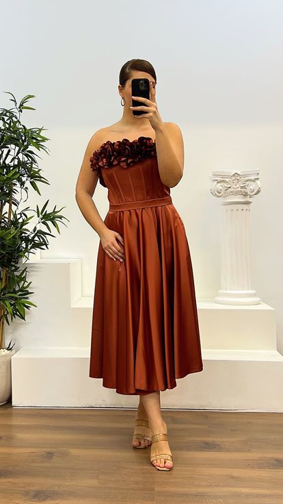 Copper Midi Length Satin Plus Size Evening Dress