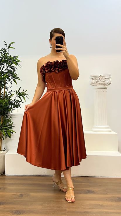 Copper Midi Length Satin Plus Size Evening Dress