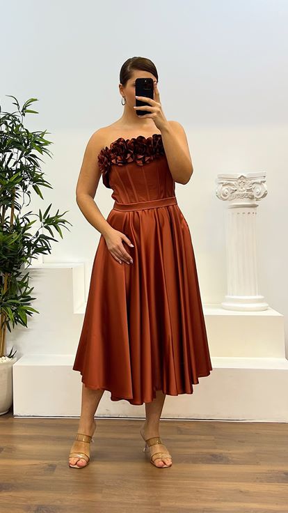 Copper Midi Length Satin Plus Size Evening Dress