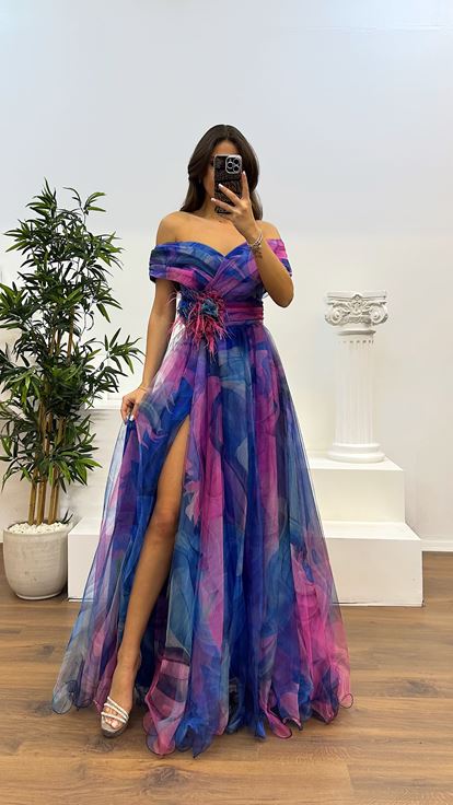 Saks Madonna Yaka Desenli Tül Abiye Elbise