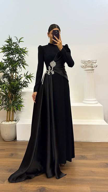 Siyah Bel Detay Tesettür Abiye Elbise