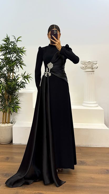 Siyah Bel Detay Tesettür Abiye Elbise