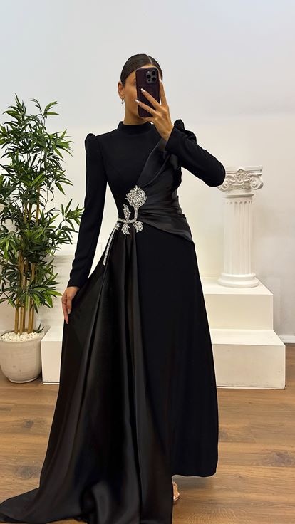 Siyah Bel Detay Tesettür Abiye Elbise