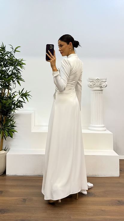 Beyaz Bel Detay Tesettür Abiye Elbise