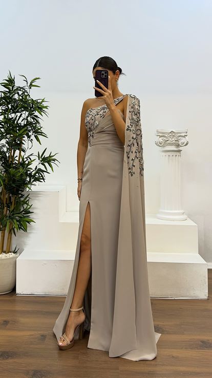 Taş Tek Kol İşleme Detay Abiye Elbise