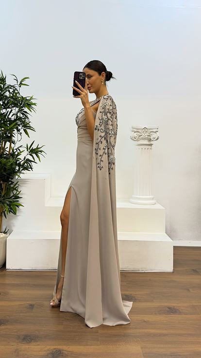 Taş Tek Kol İşleme Detay Abiye Elbise