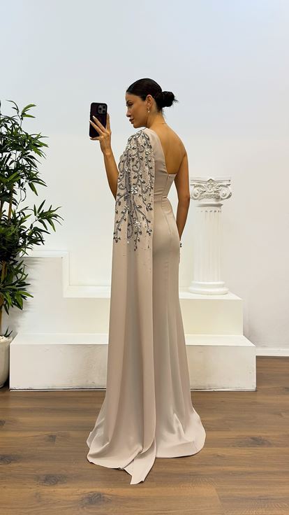 Taş Tek Kol İşleme Detay Abiye Elbise