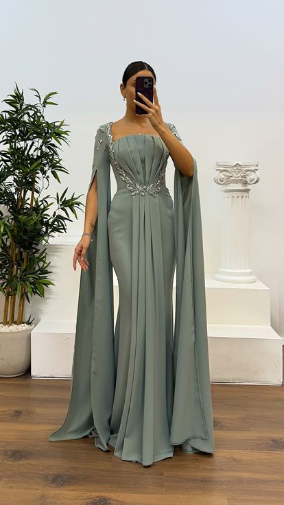 Mint İşleme Detay Abiye Elbise