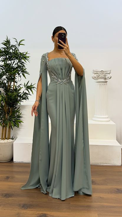 Mint İşleme Detay Abiye Elbise