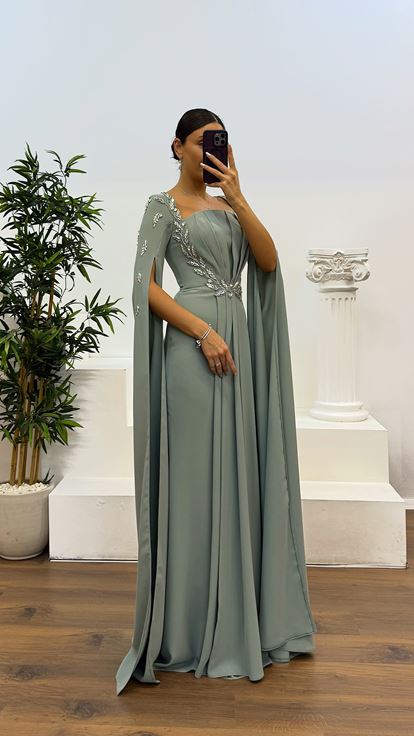 Mint İşleme Detay Abiye Elbise