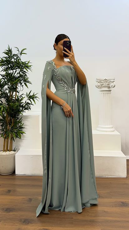 Mint İşleme Detay Abiye Elbise