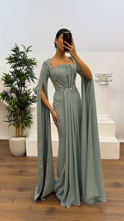 Mint İşleme Detay Abiye Elbise