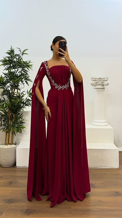 Bordo İşleme Detay Abiye Elbise