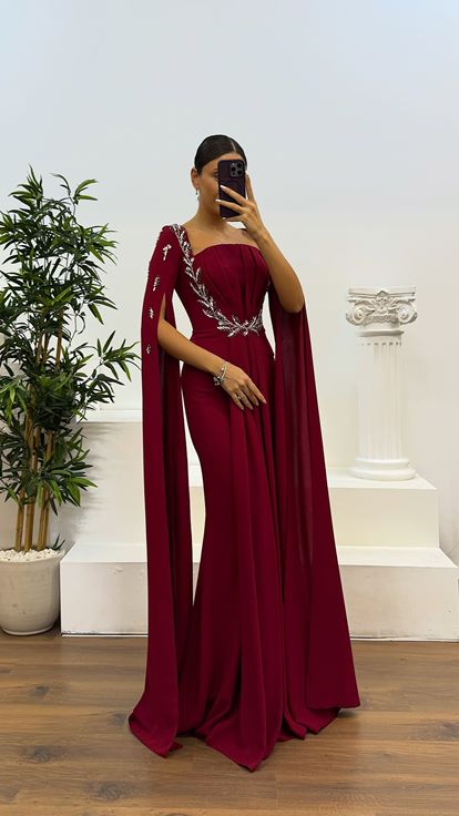 Bordo İşleme Detay Abiye Elbise