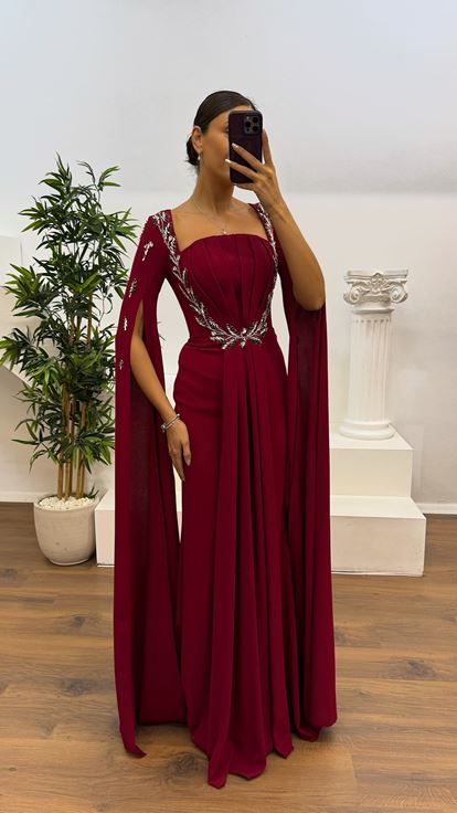 Bordo İşleme Detay Abiye Elbise