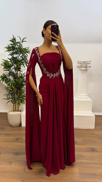 Bordo İşleme Detay Abiye Elbise