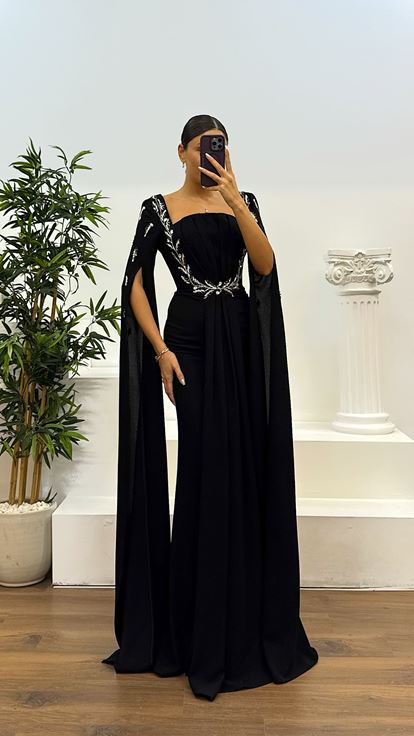 Siyah İşleme Detay Abiye Elbise