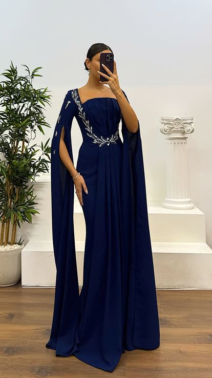 Lacivert İşleme Detay Abiye Elbise