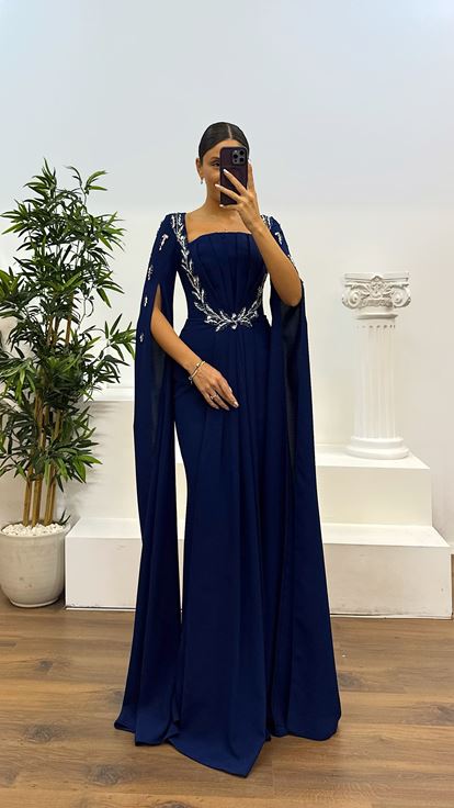 Lacivert İşleme Detay Abiye Elbise