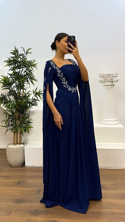 Lacivert İşleme Detay Abiye Elbise