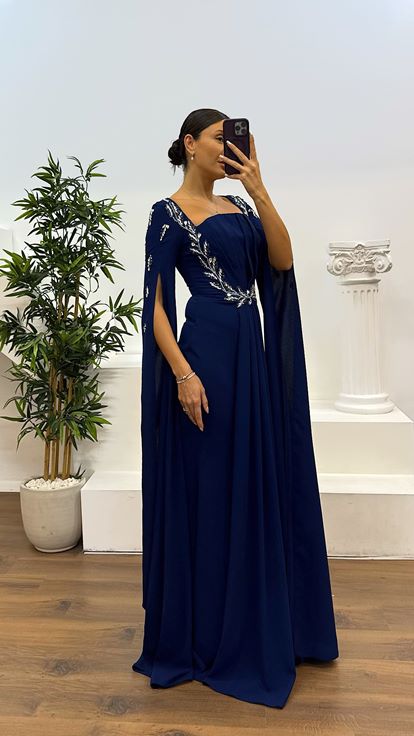 Lacivert İşleme Detay Abiye Elbise