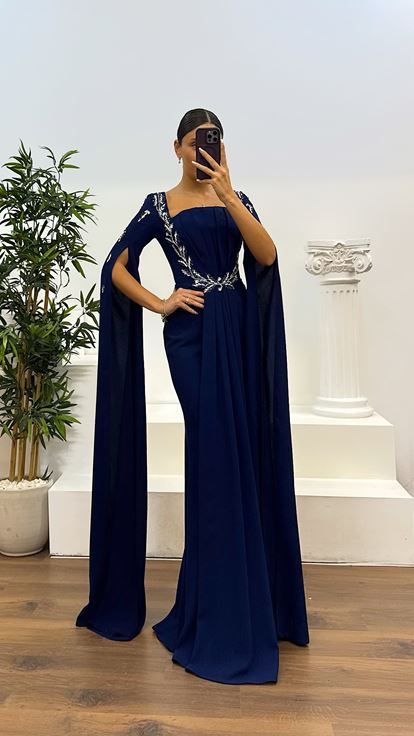 Lacivert İşleme Detay Abiye Elbise