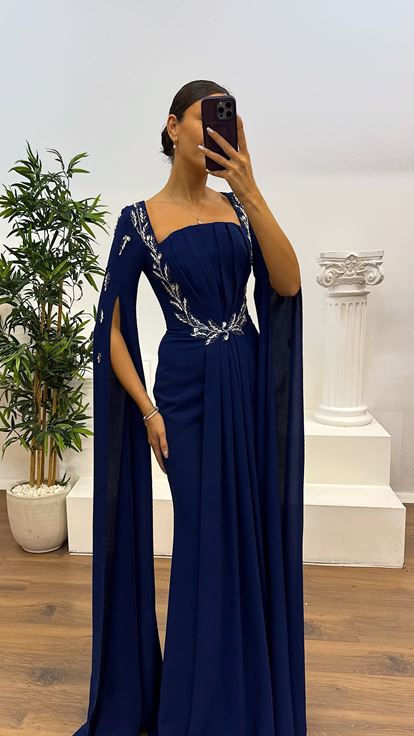 Lacivert İşleme Detay Abiye Elbise