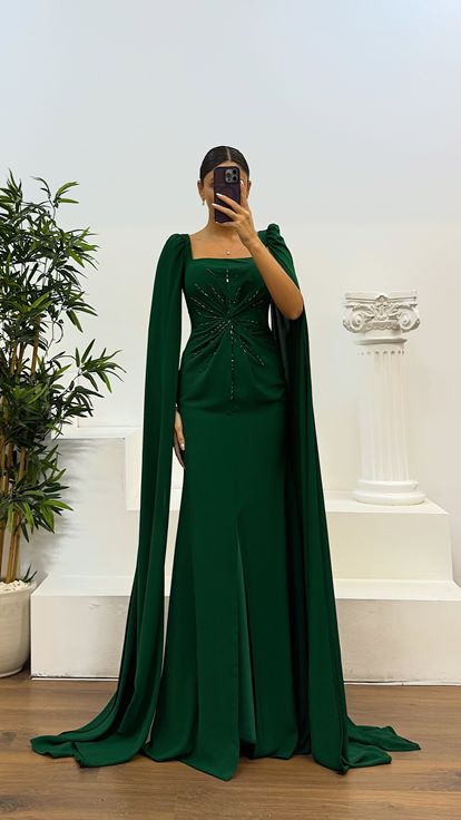 Emerald Square Neck Evening Dress