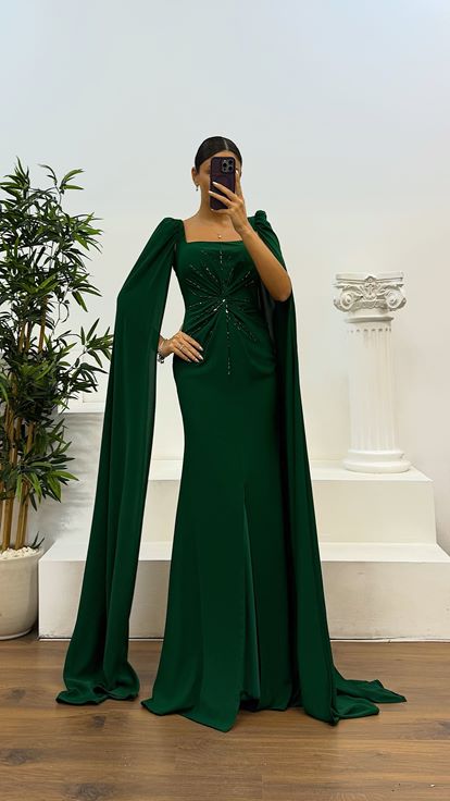 Emerald Square Neck Evening Dress