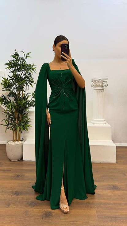 Emerald Square Neck Evening Dress