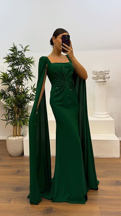 Emerald Square Neck Evening Dress