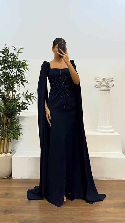 Navy Square Neck Evening Dress