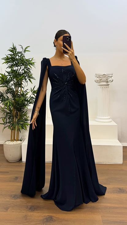 Navy Square Neck Evening Dress