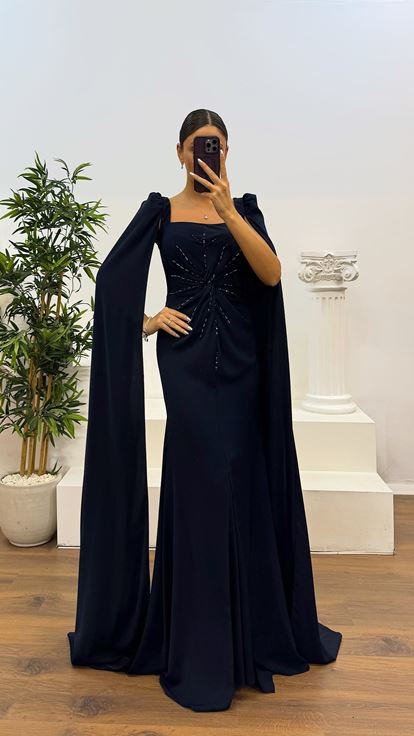 Navy Square Neck Evening Dress