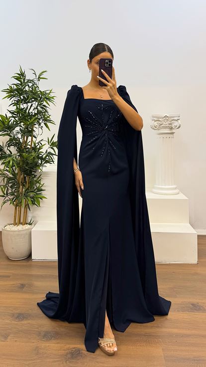 Navy Square Neck Evening Dress