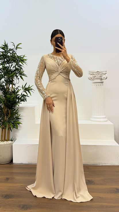 Bej İşleme Detay  Abiye Elbise